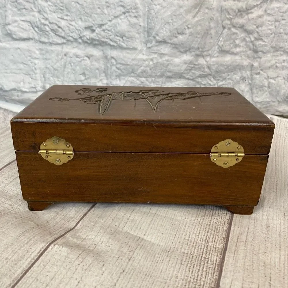 Vintage Wooden jewelry box with engraving and red velvet lining